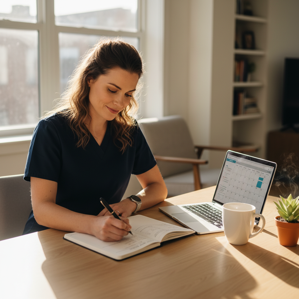 Nurse planning career goals at home with journal and laptop on Labor Day morning