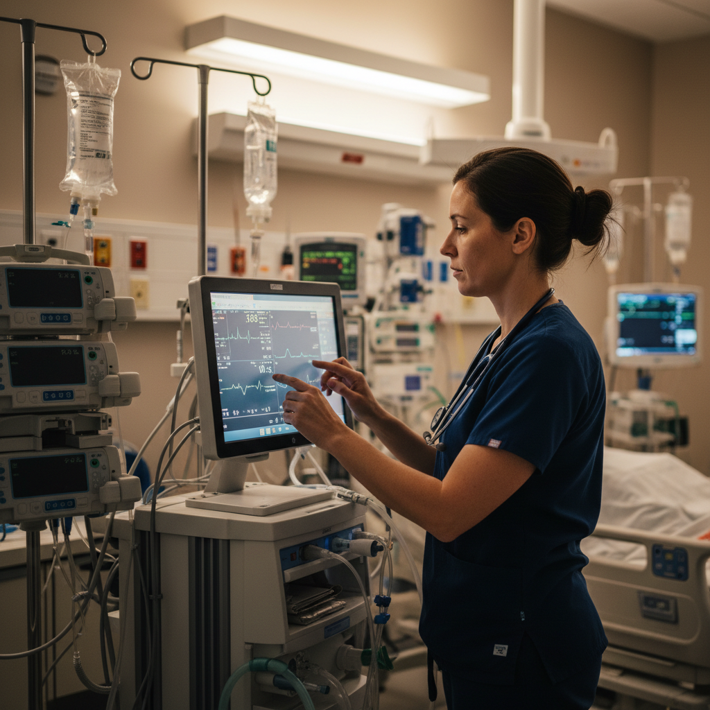 Respiratory therapist adjusting ventilator settings in hospital ICU with monitoring equipment