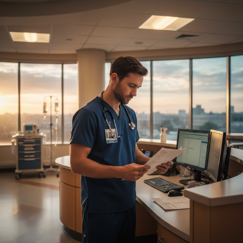 Respiratory therapist reviewing shift differential paperwork at hospital nursing station