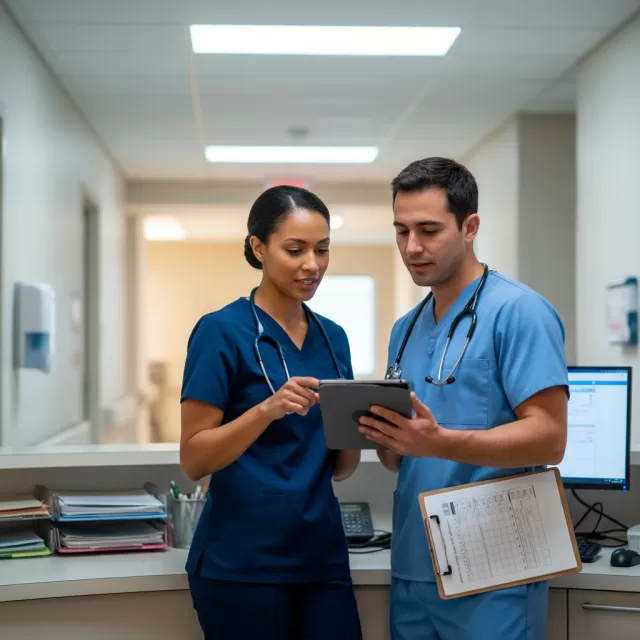 Registered nurse and CNA collaborating at nursing station reviewing patient care delegation tasks together