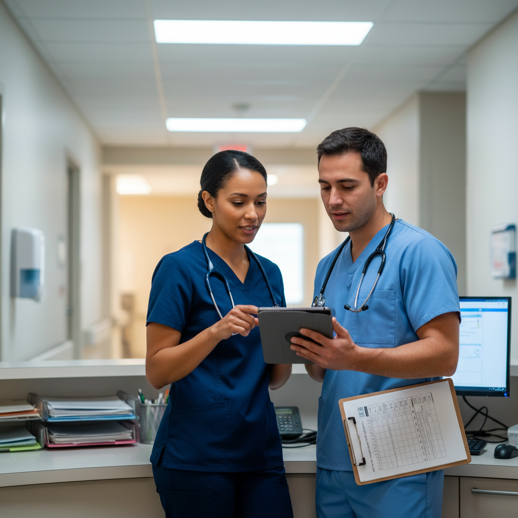 Registered nurse and CNA collaborating at nursing station reviewing patient care delegation tasks together