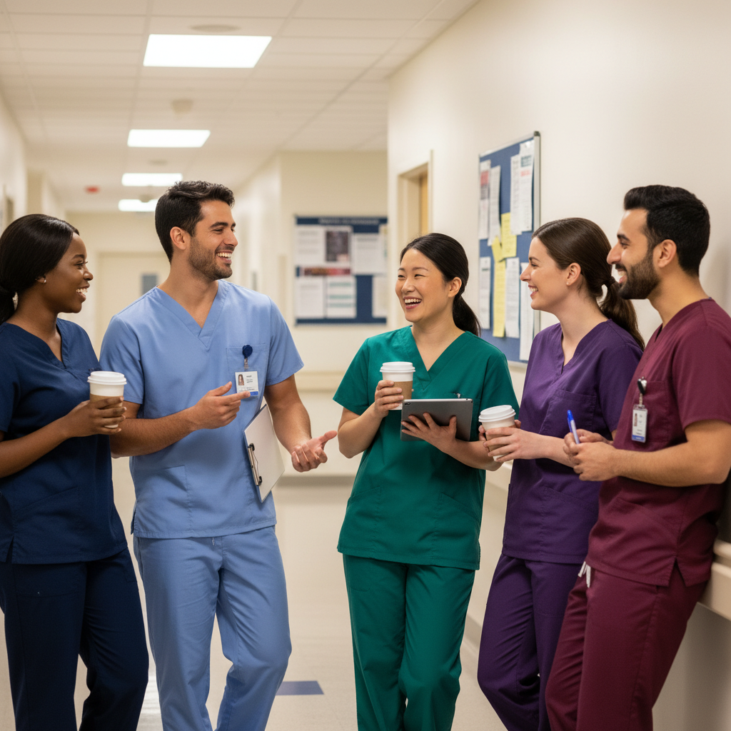 Group of nurses in various scrub colors laughing together in hospital hallway