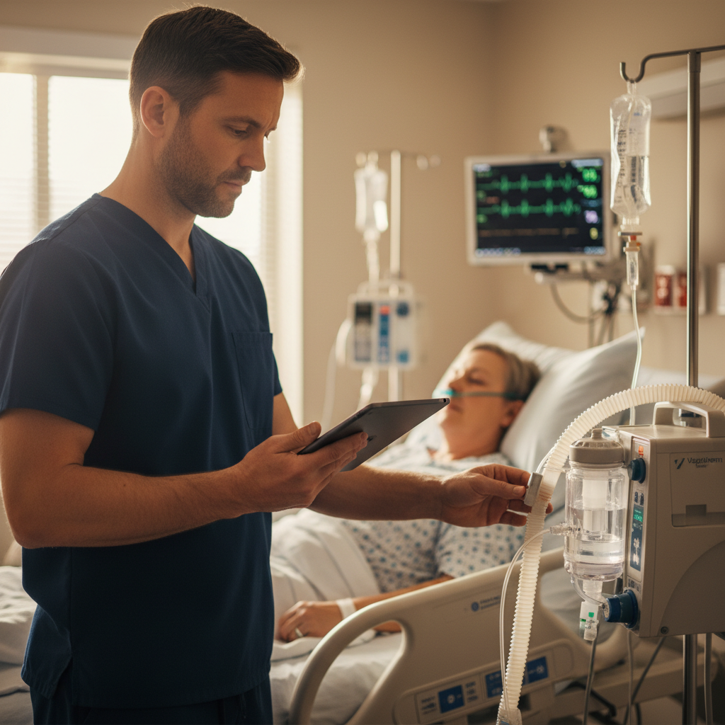 Respiratory therapist adjusting high-flow oxygen settings at patient bedside in hospital room