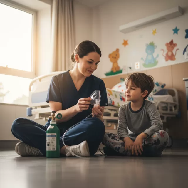 Respiratory therapist sitting on hospital floor with pediatric patient during treatment