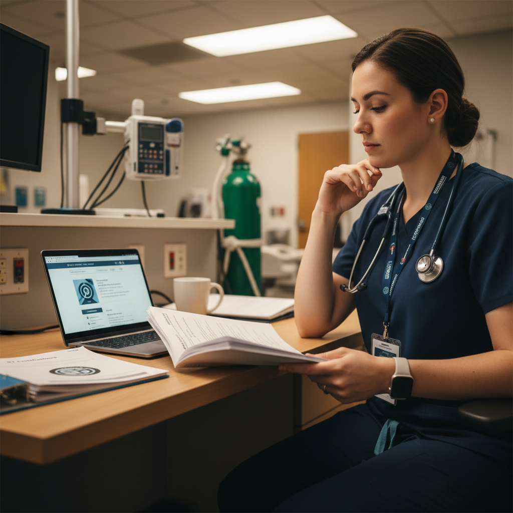 Respiratory therapist reviewing RT certification materials at hospital workstation