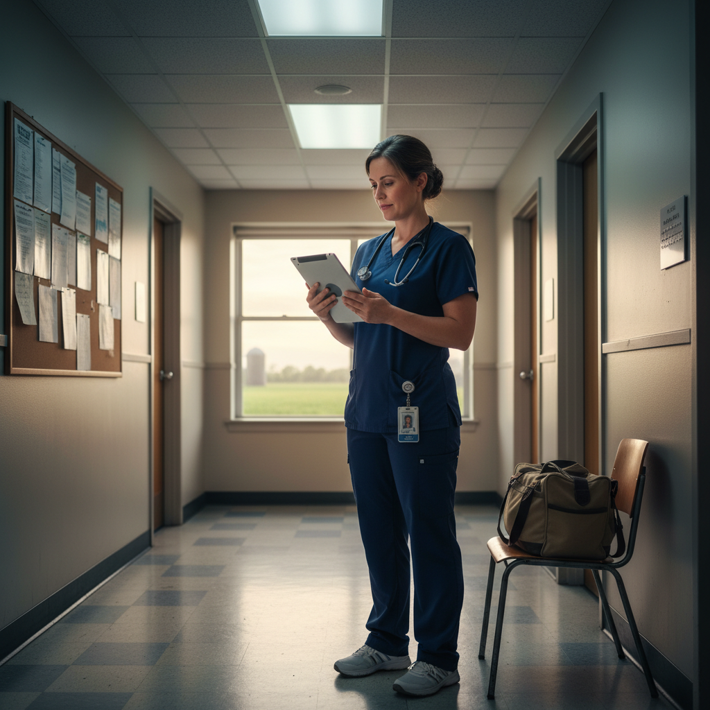 Travel nurse reviewing rural contract details in small hospital hallway