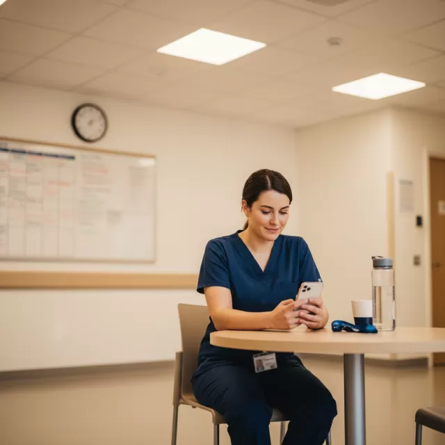Nurse sitting peacefully in break room looking at phone, practicing healthy work boundaries