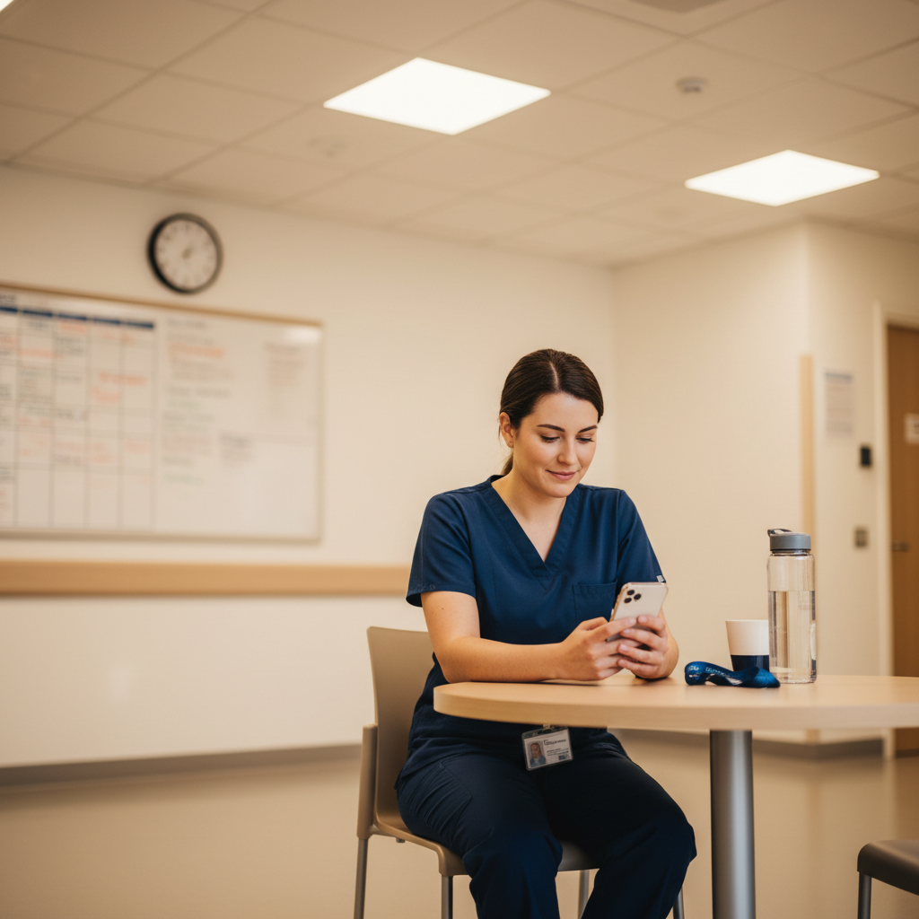 Nurse sitting peacefully in break room looking at phone, practicing healthy work boundaries