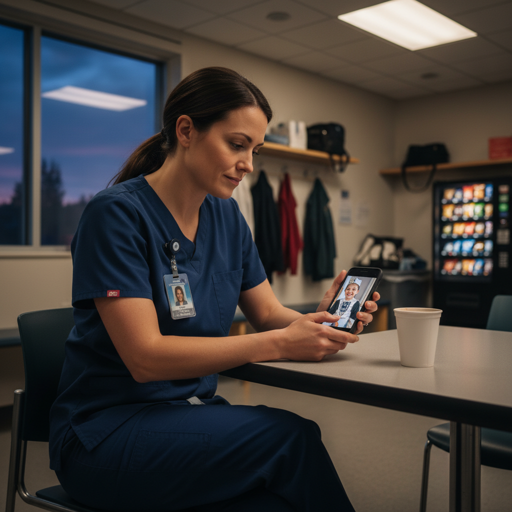 Nurse in scrubs looking at phone photo during hospital break, reflecting on missed family moment