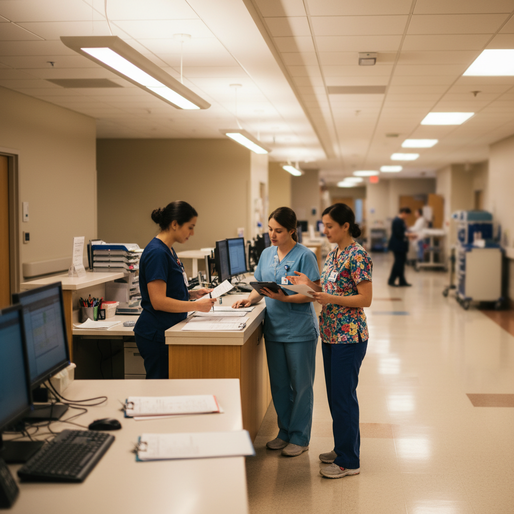 Three nurses in different colored scrubs collaborating at hospital nurses station