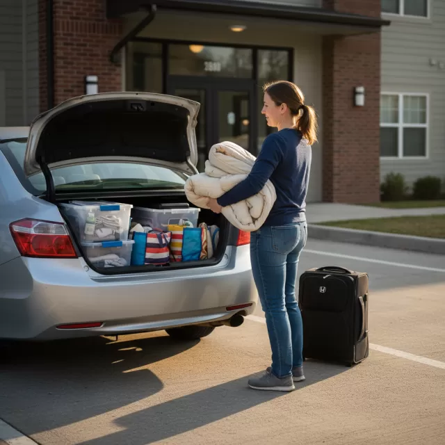 Travel nurse packing sedan trunk with organized bins and essentials for 13-week assignment
