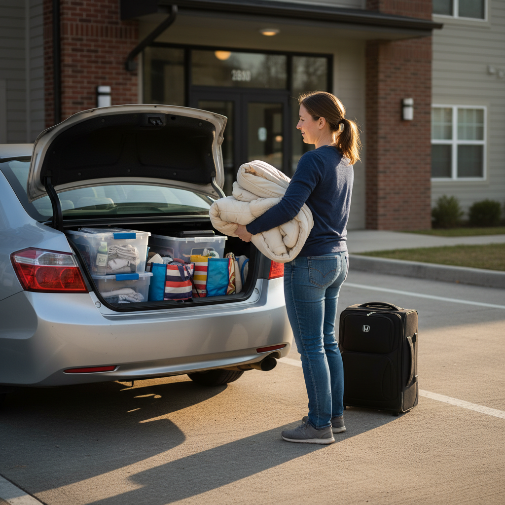 Travel nurse packing sedan trunk with organized bins and essentials for 13-week assignment