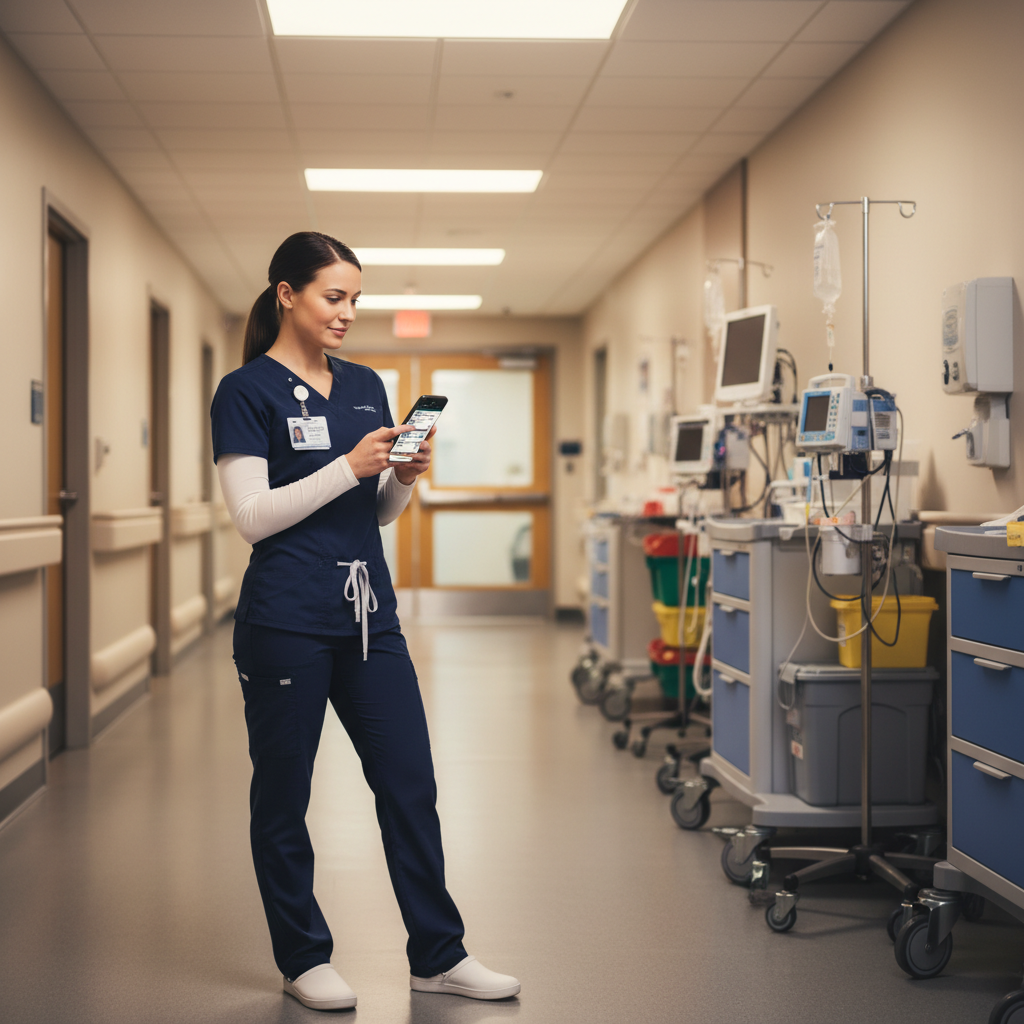 Travel nurse reviewing job rates on smartphone in hospital hallway