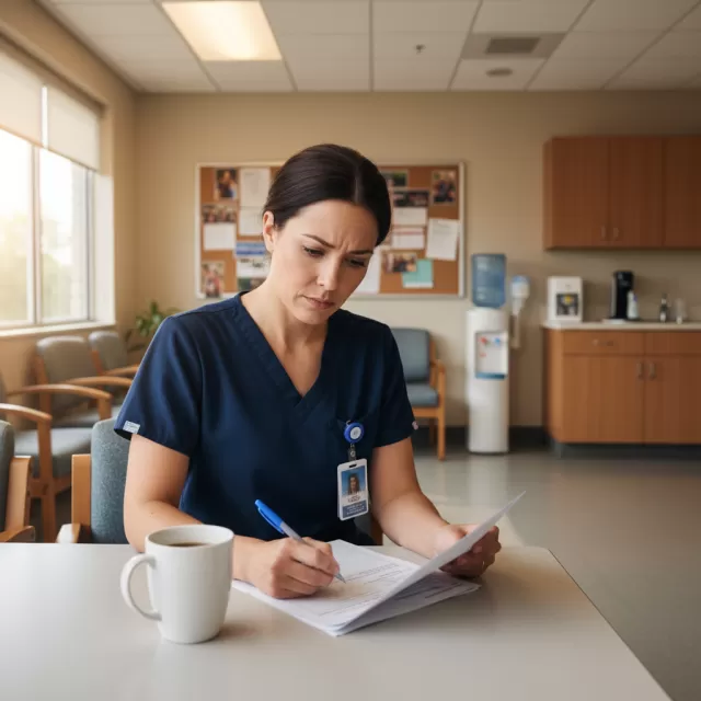 Nurse reviewing goal-setting worksheet at hospital break room table with coffee