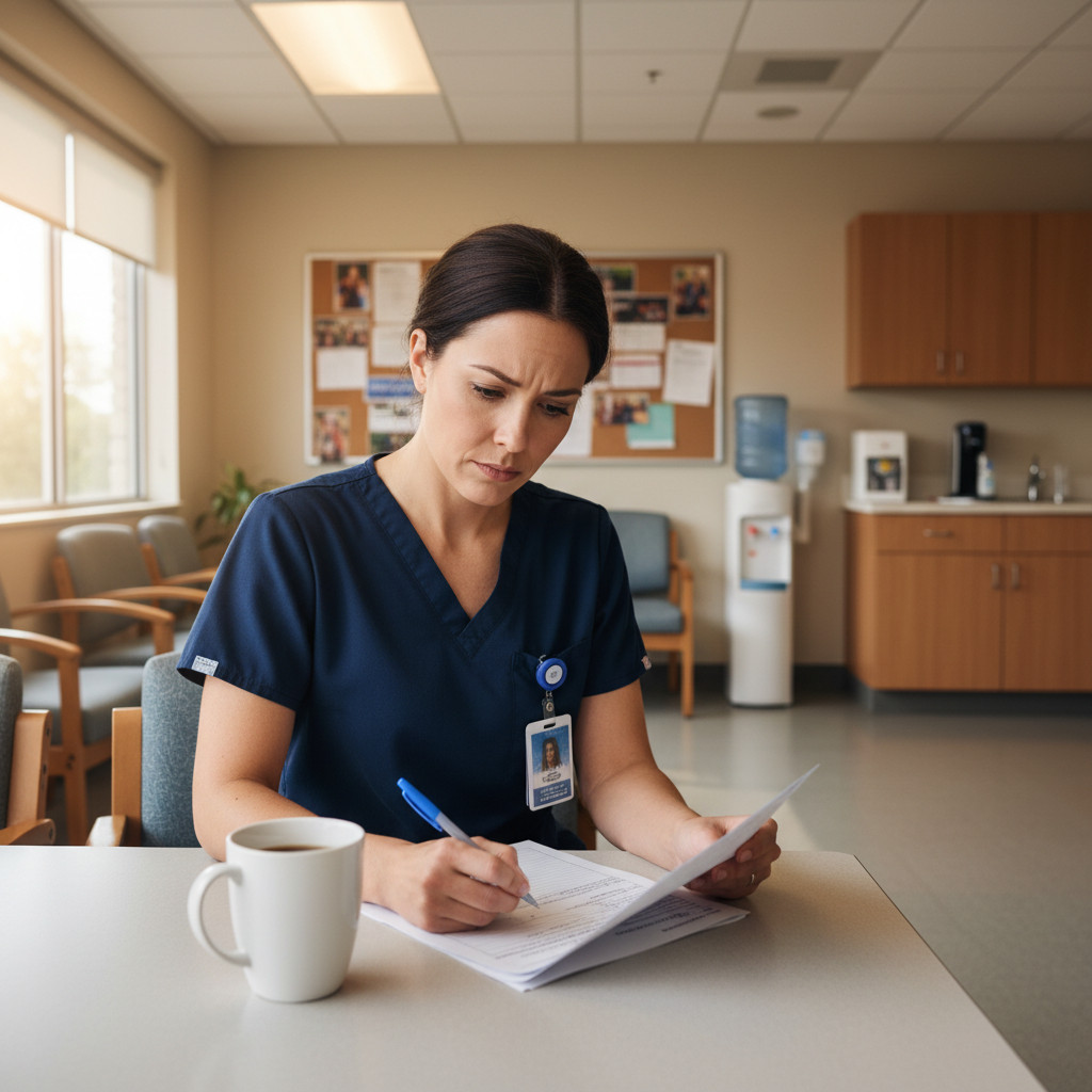 Nurse reviewing goal-setting worksheet at hospital break room table with coffee