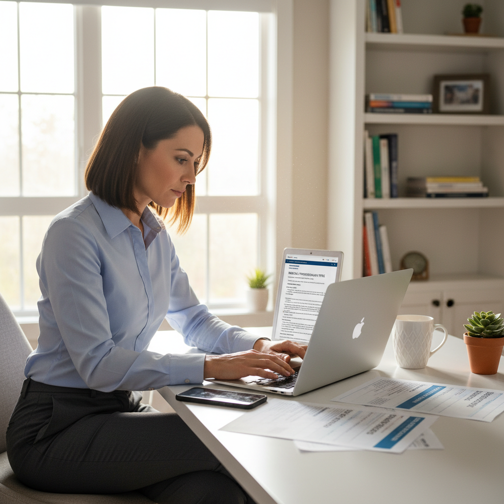 Healthcare professional reviewing resume and career documents at home office desk with laptop and job listings