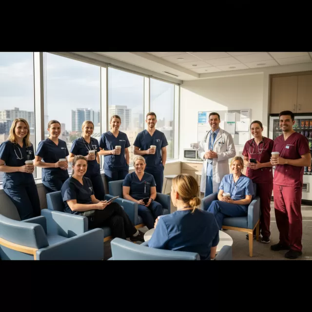 Healthcare professionals celebrating together in hospital break room