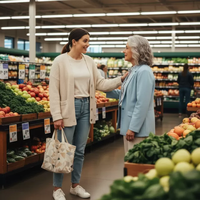 Nurse and former patient reconnecting warmly in grocery store aisle, emotional moment of recognition
