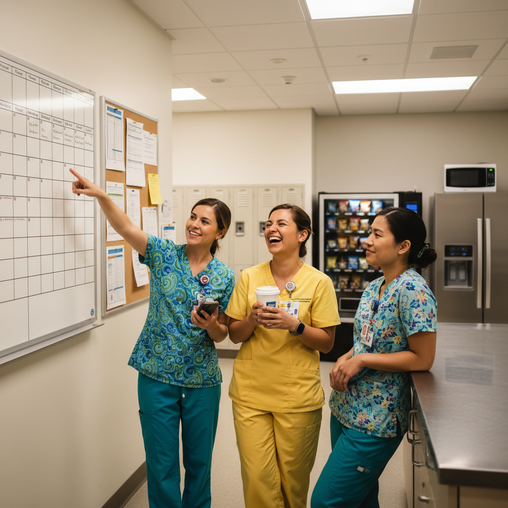 Nurses discussing shift swap in hospital break room with schedule board