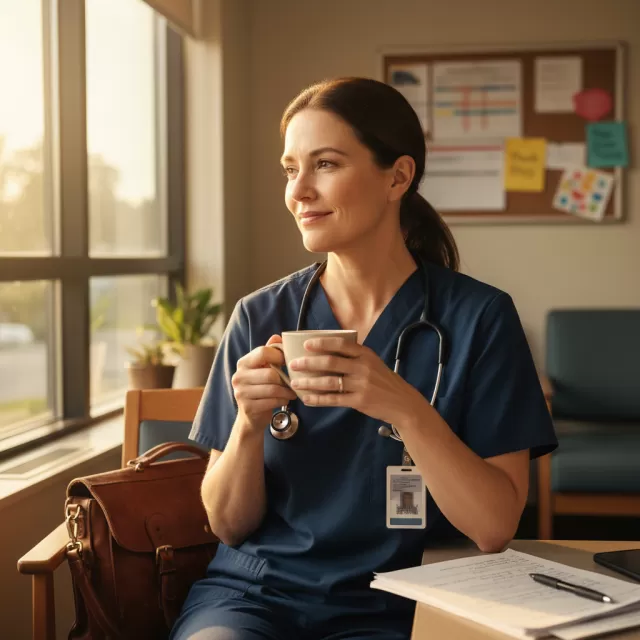 Nurse reflecting quietly in break room with coffee during afternoon light