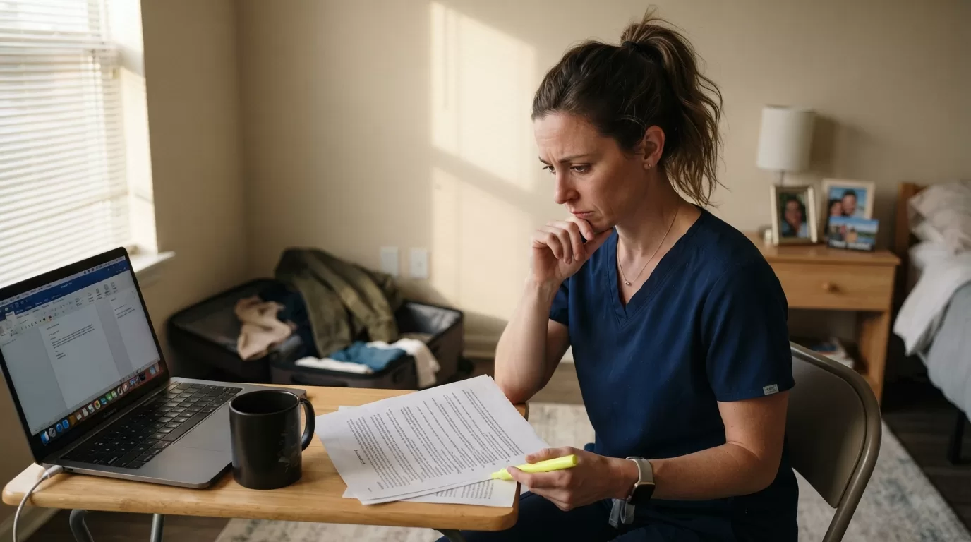 Travel nurse reviewing contract terms at desk in furnished apartment