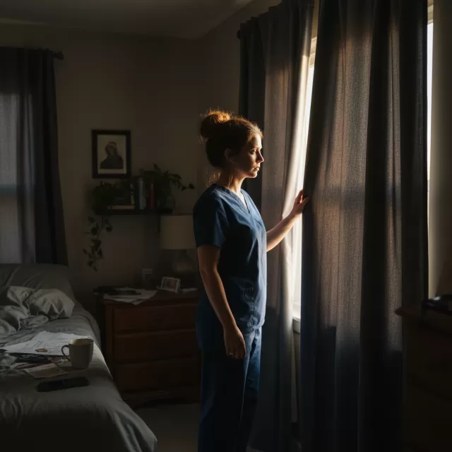Night shift nurse at bedroom window with blackout curtains as morning sunlight streams in