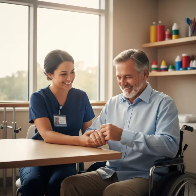 Occupational therapist helping stroke survivor patient button shirt during rehabilitation therapy session