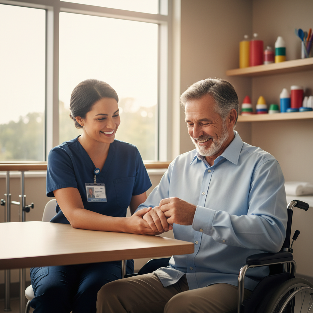 Occupational therapist helping stroke survivor patient button shirt during rehabilitation therapy session