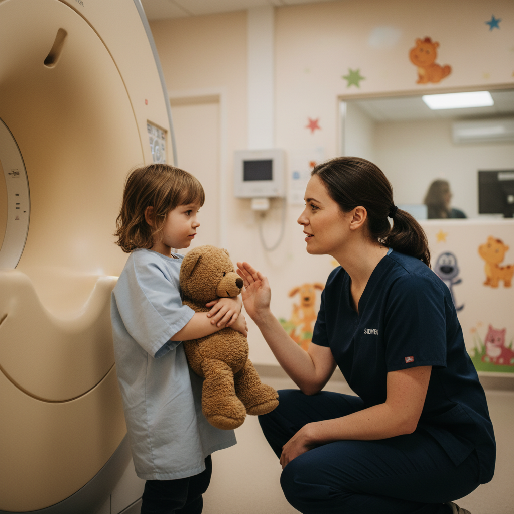 MRI technologist comforting young pediatric patient holding stuffed animal beside MRI machine