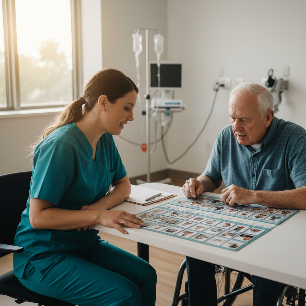 Speech-language pathologist and patient working together at therapy table with communication cards