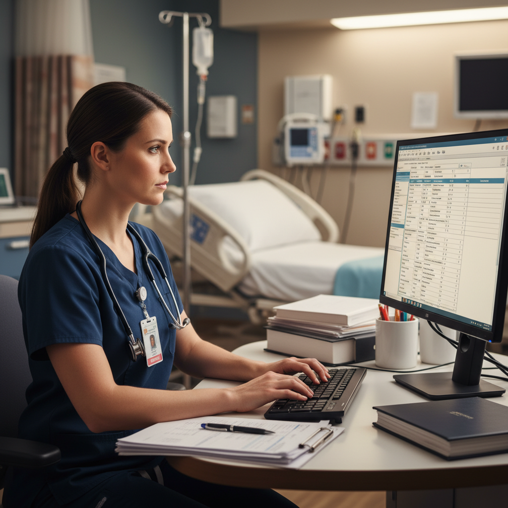 Speech pathologist documenting dysphagia assessment at hospital computer workstation