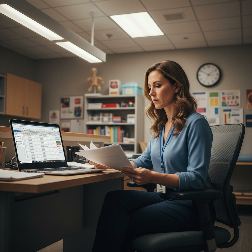 Speech-language pathologist reviewing productivity data and patient schedules at therapy room desk