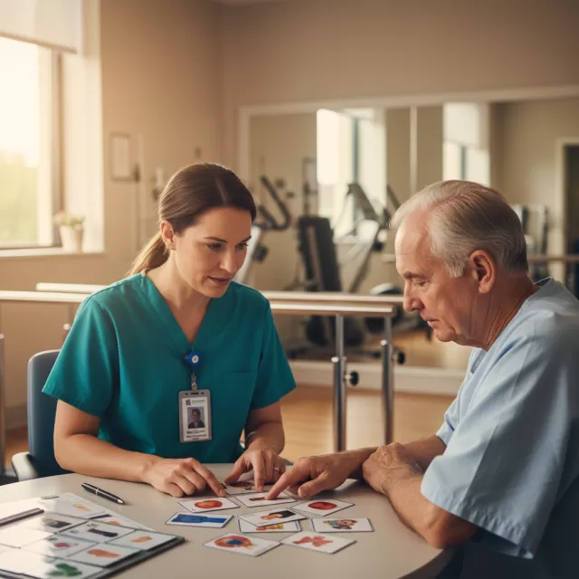 Speech therapist working with elderly stroke patient during rehabilitation therapy session