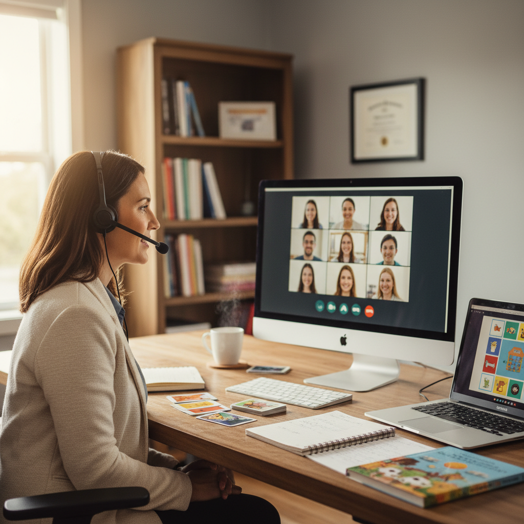 Speech therapist conducting telehealth session from home office with patient on computer monitor