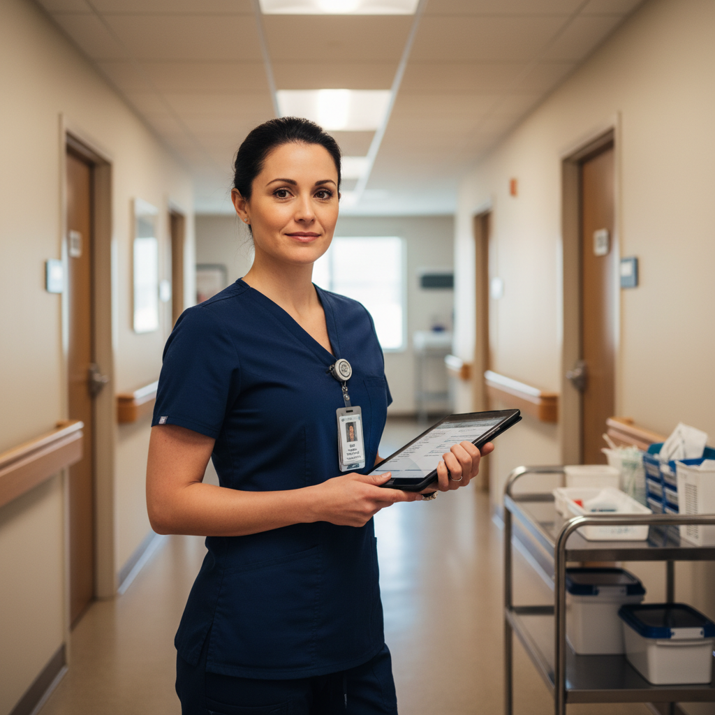 SNF nurse with clipboard advocating for safer staffing ratios in skilled nursing facility hallway