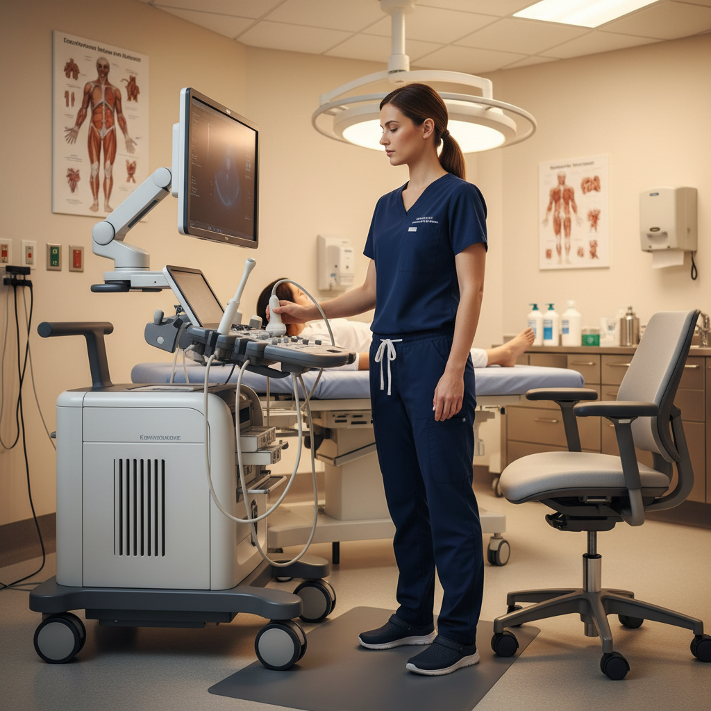 Ultrasound technologist demonstrating proper ergonomic scanning posture at workstation with adjustable equipment