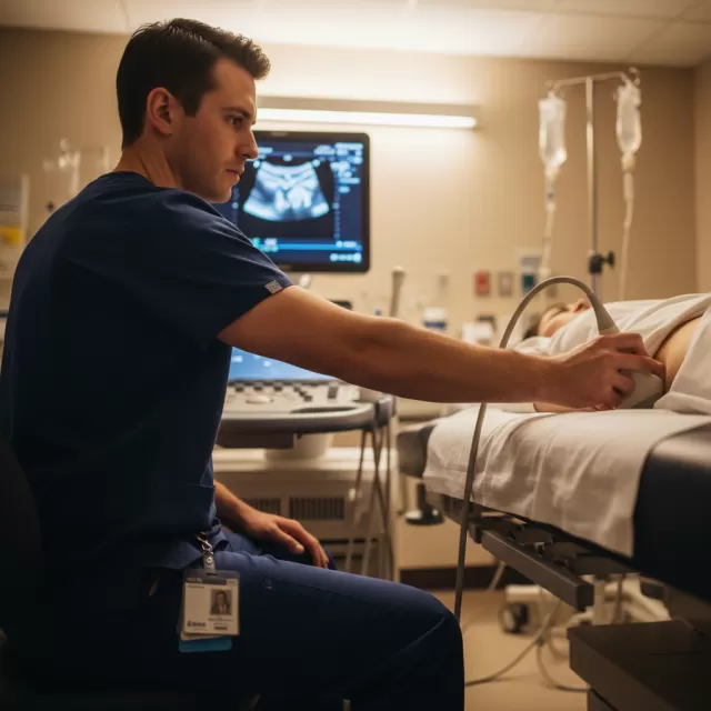 Ultrasound technologist performing scan showing ergonomic arm position and shoulder strain during patient examination