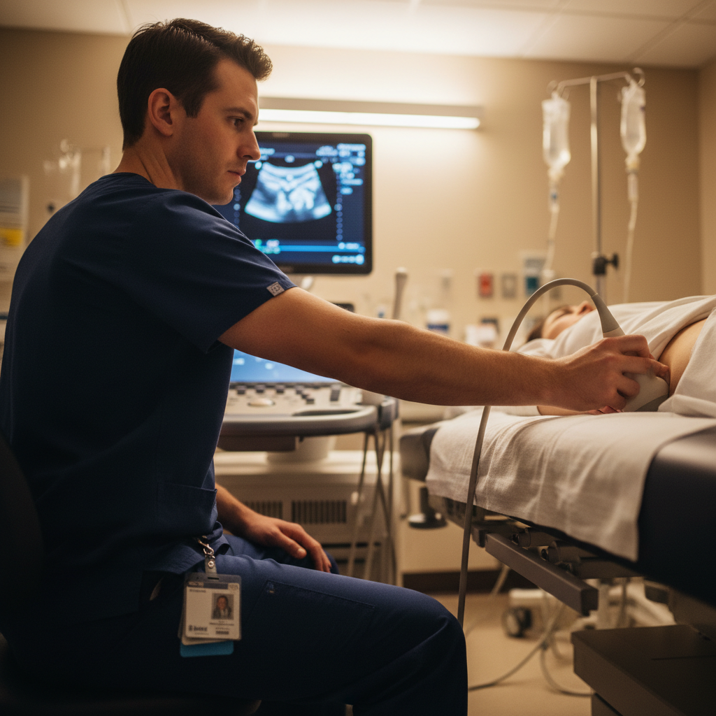 Ultrasound technologist performing scan showing ergonomic arm position and shoulder strain during patient examination