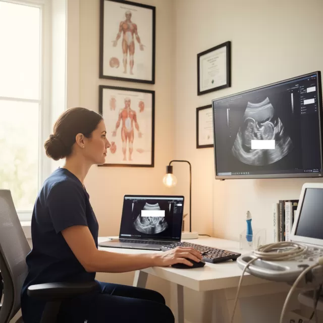 Sonographer reviewing de-identified ultrasound images on computer for professional portfolio