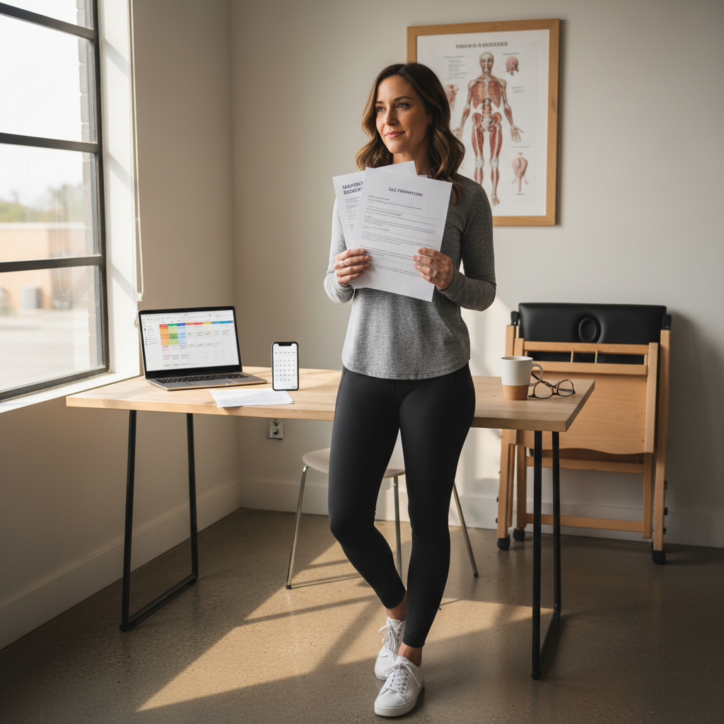 Physical therapist reviewing business documents in home office planning private pay side practice