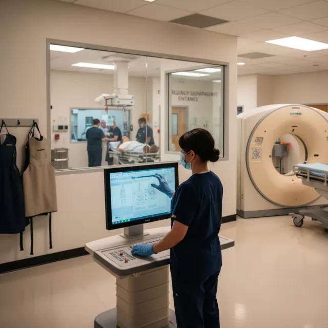 CT technologist operating scanner console during busy trauma shift in hospital emergency radiology department