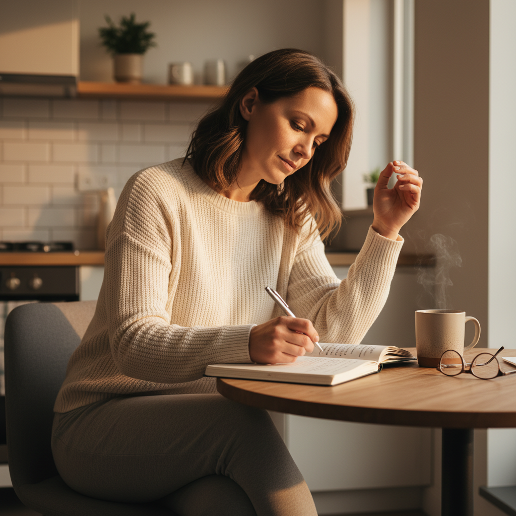 Nurse writing in journal at kitchen table on Sunday evening with tea