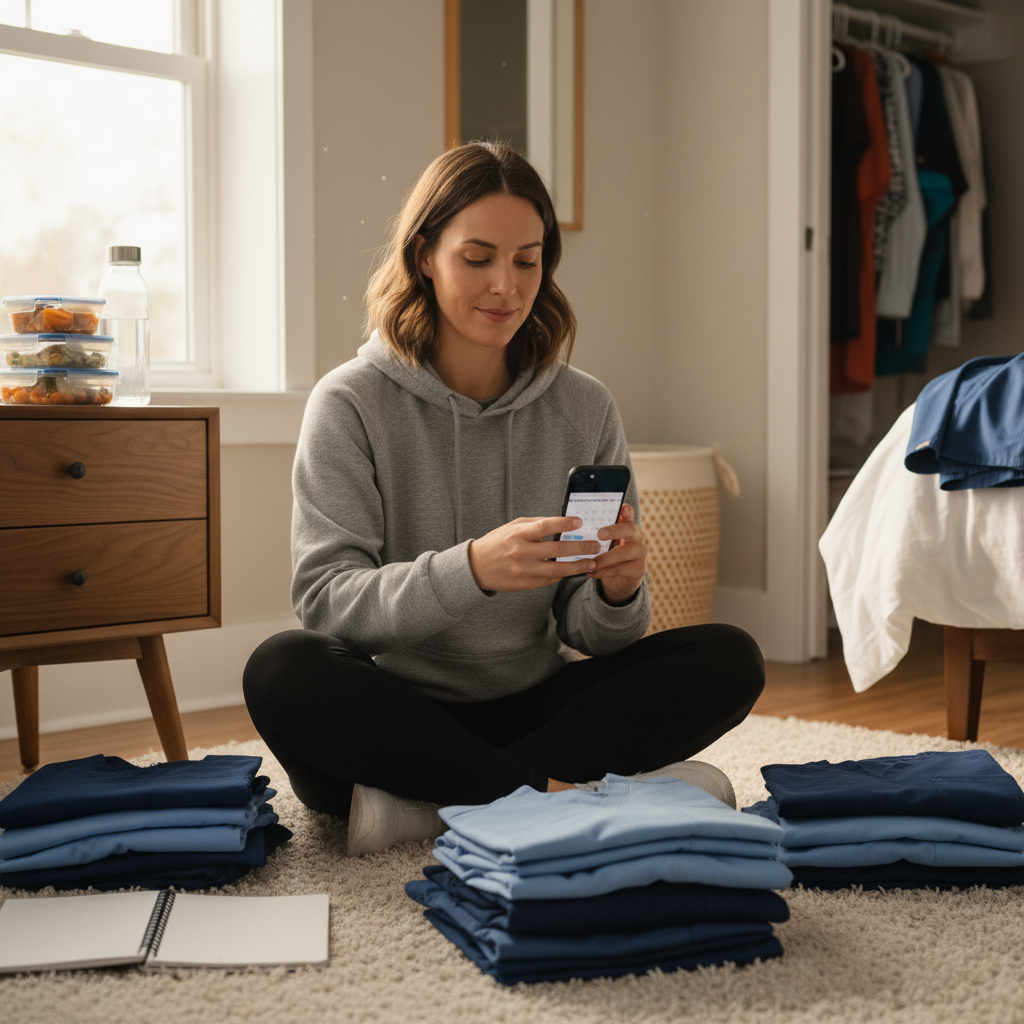 Healthcare worker organizing scrubs and planning week at home on Sunday afternoon
