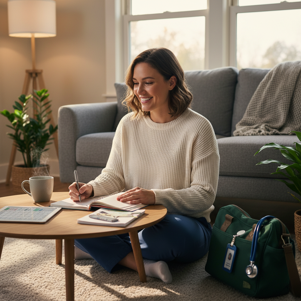 Nurse preparing for work week with planner and tea in peaceful home setting