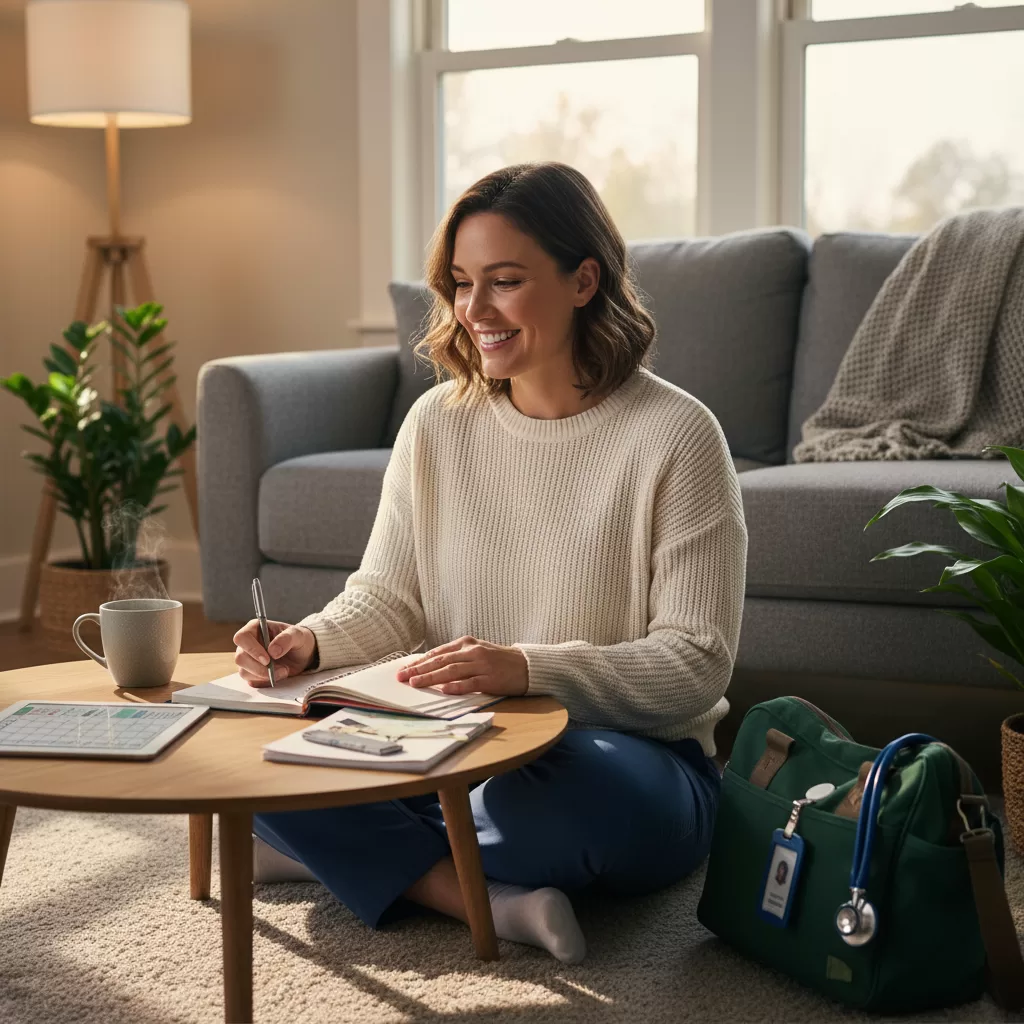 Nurse preparing for work week with planner and tea in peaceful home setting