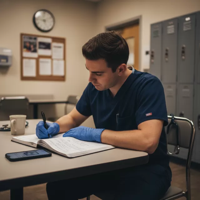 Surgical technologist documenting case details in logbook at hospital staff table