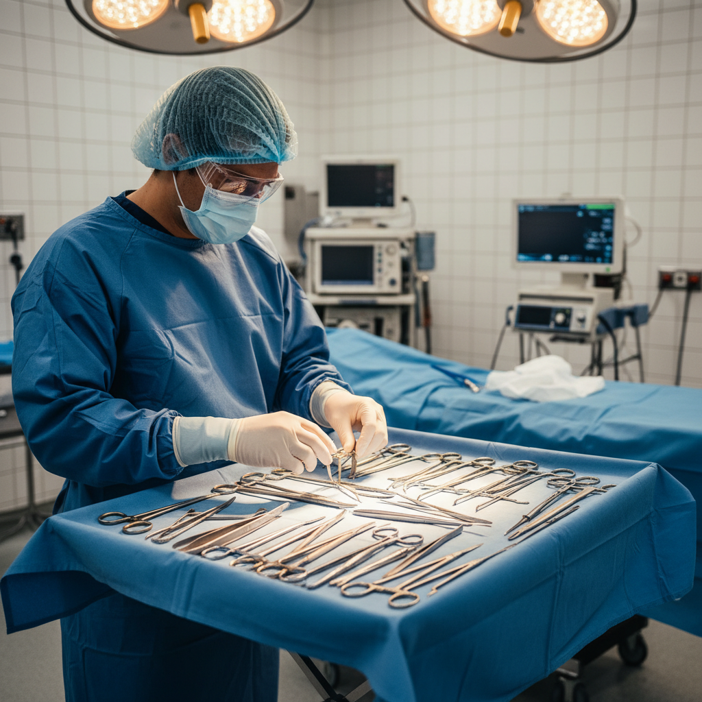 Surgical technologist organizing instruments on Mayo stand in operating room under bright lights