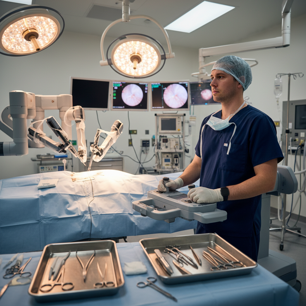 Surgical technologist working at robotic surgery console in modern operating room