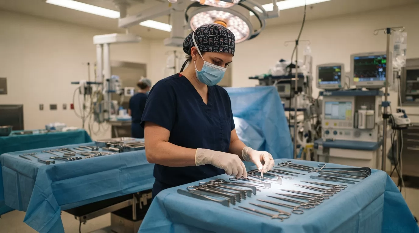 Surgical technologist organizing sterile instruments in operating room under surgical lights
