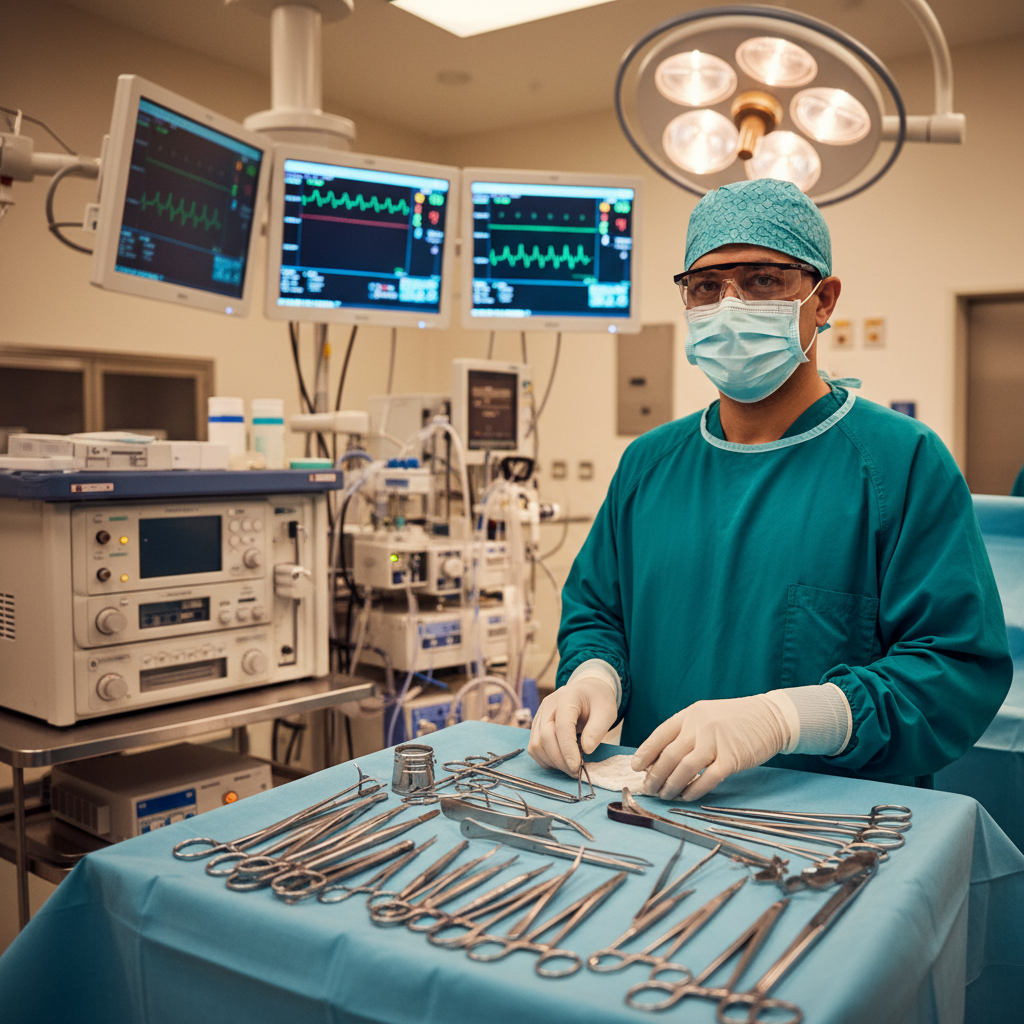 Surgical tech at cardiovascular OR console with cardiac instruments and monitoring equipment